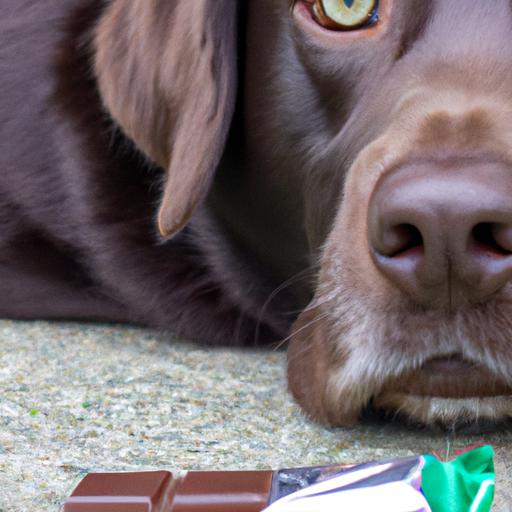 A dog's curiosity gets the best of it as it eyes a chocolate bar left on the ground.