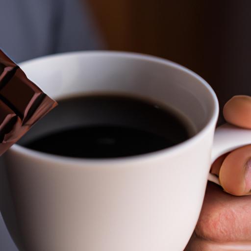 A person holding a cup of coffee and a piece of dark chocolate