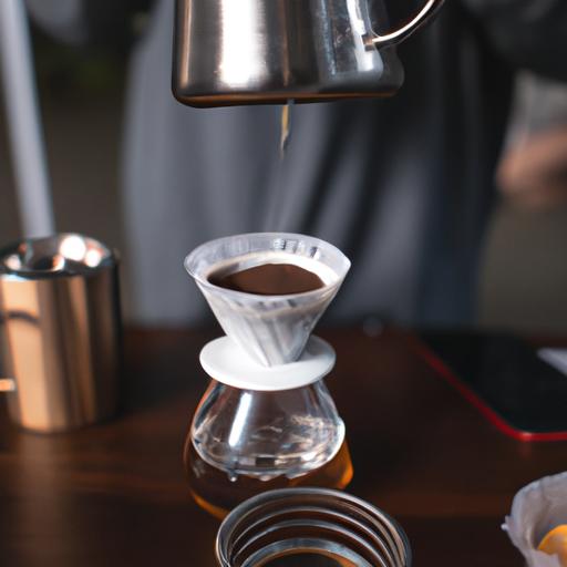 A barista preparing pour-over coffee with a scale to measure the coffee beans and water
