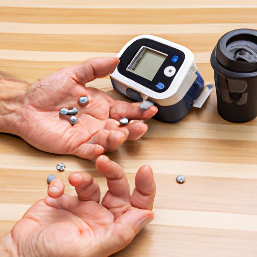 A person holding a caffeine pill and using a blood pressure monitor to check their blood pressure