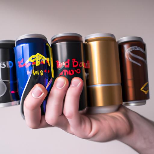 A comparison of various energy drinks with different caffeine levels held by a person.