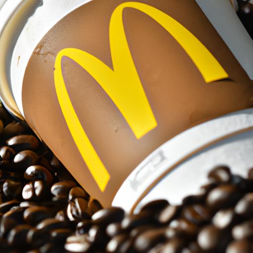 Photo of a McDonald's iced coffee cup surrounded by coffee beans.