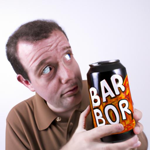 A person examines a Barq Root Beer can to check if it contains caffeine.