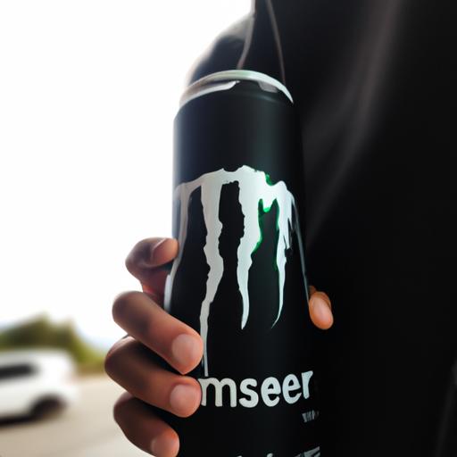 A person drinking Monster Energy from a can with the label facing the camera