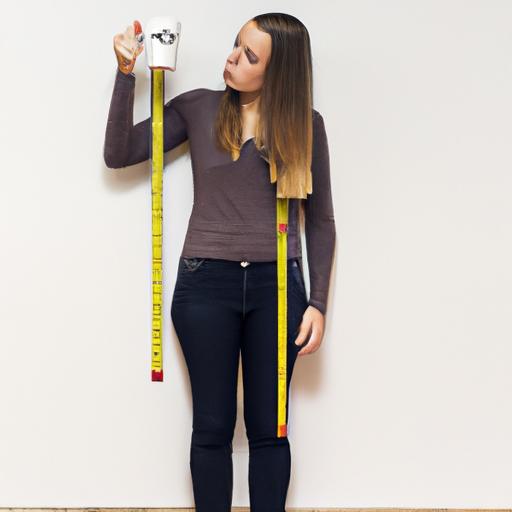 A young girl measuring her height while holding a cup of coffee